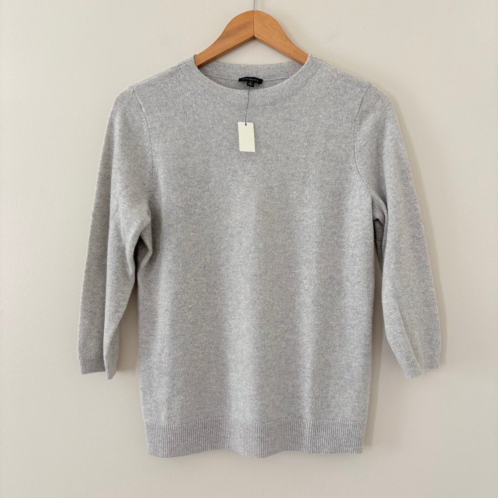 Talbots Sweater Cashmere Blend M Gray Metallic Shimmer Crew Neck 3/4 Sleeve